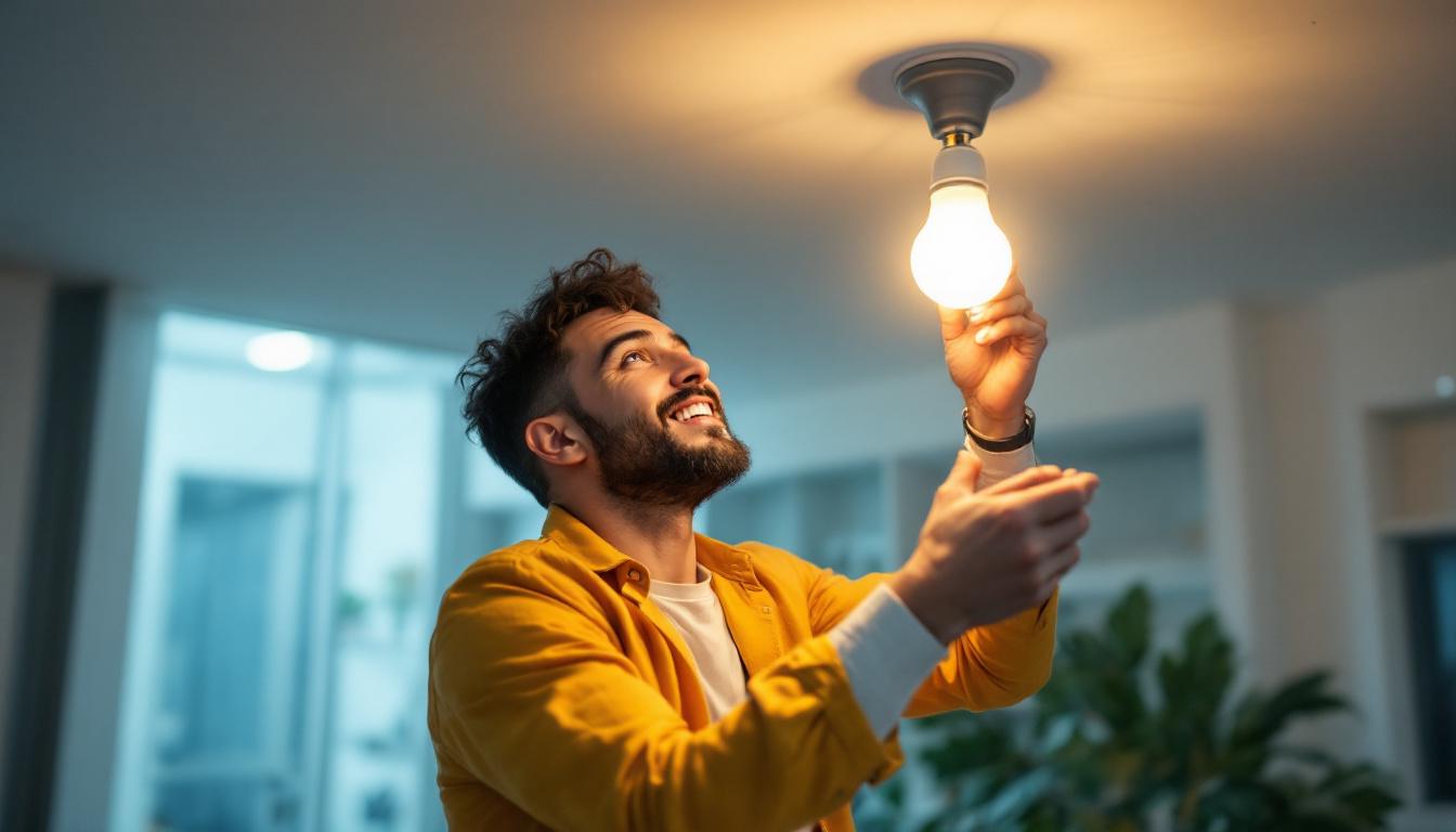 A photograph of a person confidently installing a fluorescent light bulb in a modern