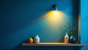 A photograph of a stylish wall light mounted above a modern shelf
