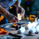 A photograph of a lighting contractor in action