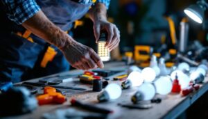 A photograph of a lighting contractor in action