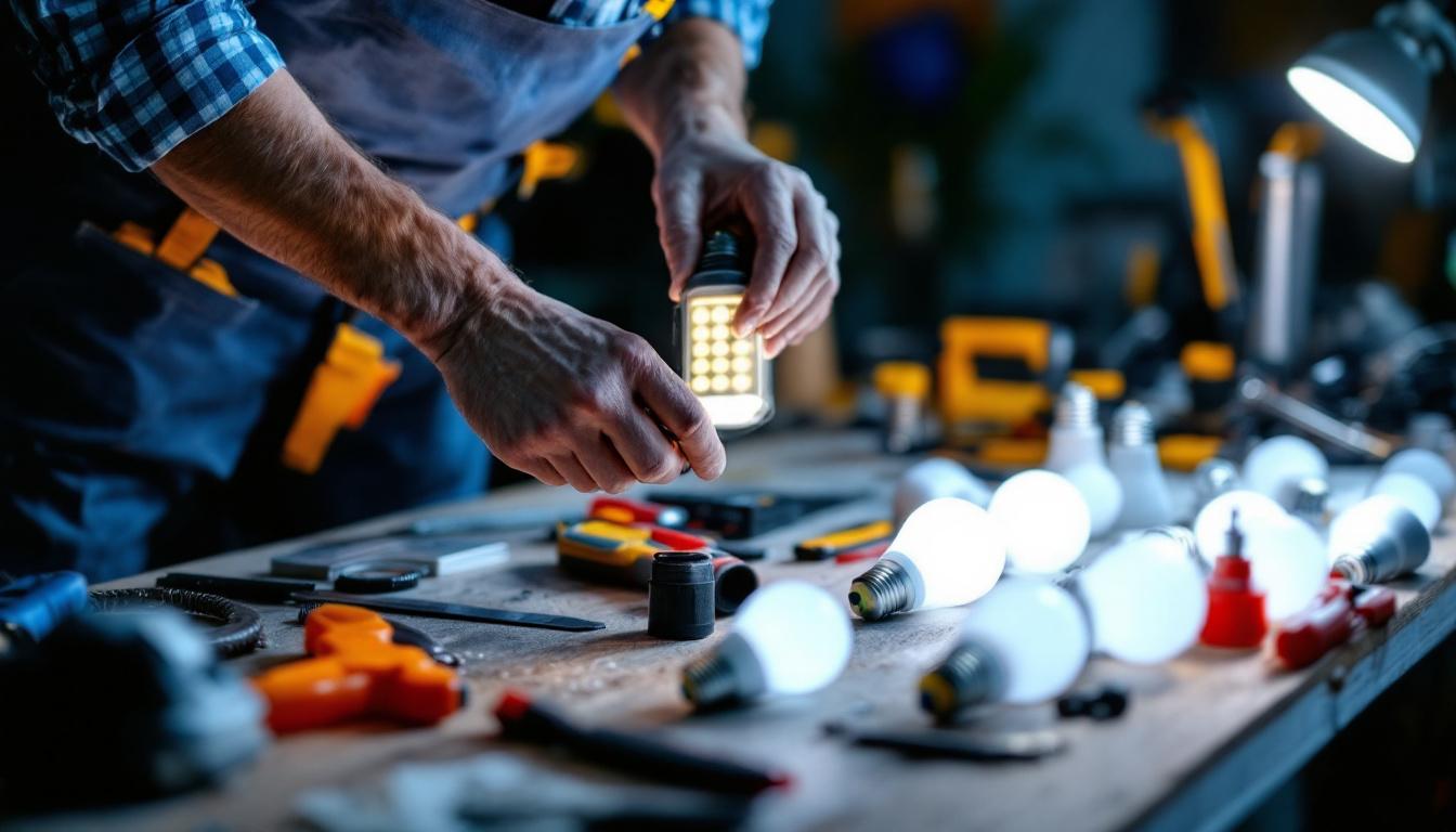 A photograph of a lighting contractor in action