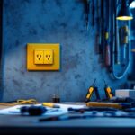 A photograph of a heavy duty electrical outlet in a well-lit workspace