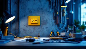 A photograph of a heavy duty electrical outlet in a well-lit workspace