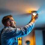 A photograph of a professional lighting contractor installing or adjusting recessed lighting in a modern home setting