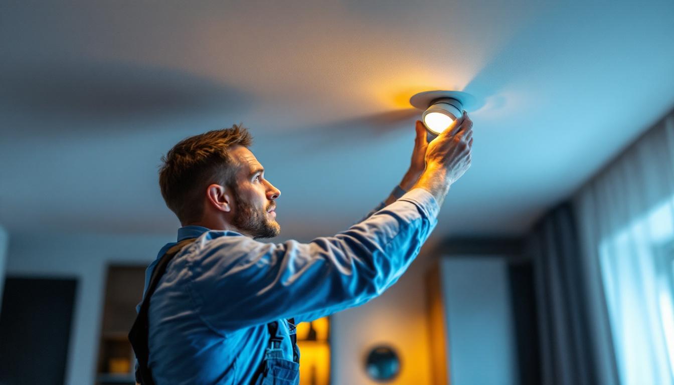 A photograph of a professional lighting contractor installing or adjusting recessed lighting in a modern home setting