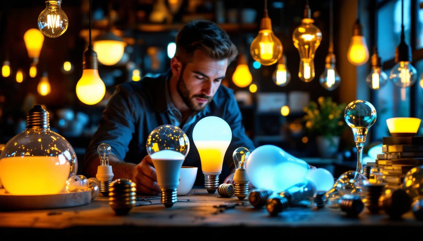 A photograph of a diverse array of led bulbs displayed in a well-lit environment