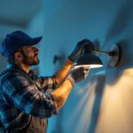 A photograph of a lighting contractor expertly installing a stylish cover plate on a modern light fixture in a well-lit
