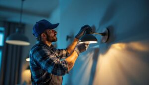 A photograph of a lighting contractor expertly installing a stylish cover plate on a modern light fixture in a well-lit