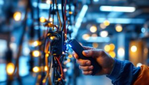 A photograph of a skilled lighting contractor installing or adjusting a modern led driver in a well-lit environment