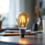 A photograph of a beautifully styled workspace featuring an e39 light bulb illuminating a modern lighting project setup