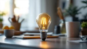 A photograph of a beautifully styled workspace featuring an e39 light bulb illuminating a modern lighting project setup