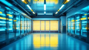A photograph of a well-lit freezer interior showcasing led lighting