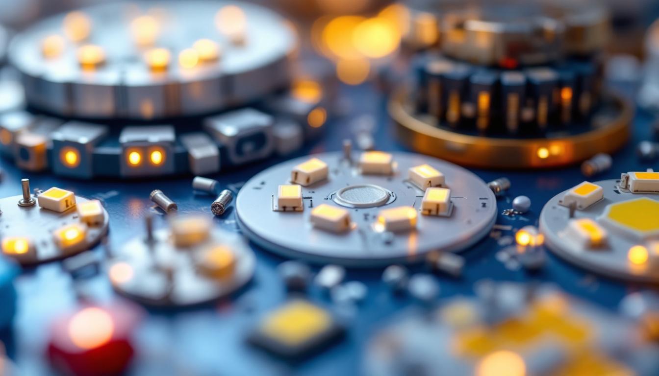 A photograph of a close-up shot of various led light components