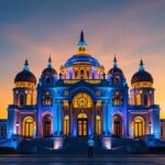 A photograph of a stunningly illuminated building at dusk
