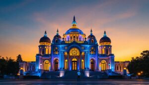 A photograph of a stunningly illuminated building at dusk