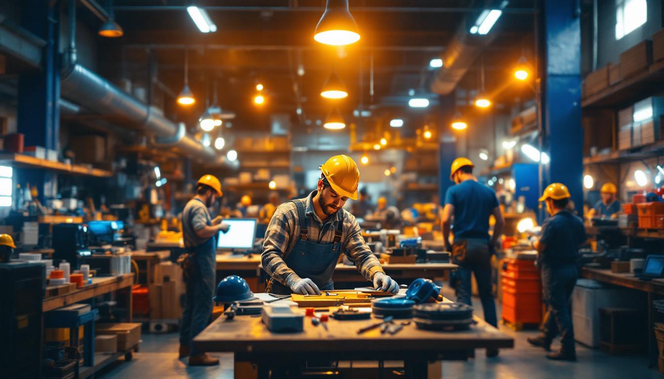 A photograph of a well-lit workshop or retail space showcasing various led lights in action