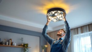 A photograph of a skilled lighting contractor expertly installing a stylish ceiling light fixture in a modern living space