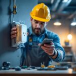 A photograph of a skilled lighting contractor installing a self-contained receptacle in a well-lit workspace