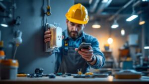 A photograph of a skilled lighting contractor installing a self-contained receptacle in a well-lit workspace