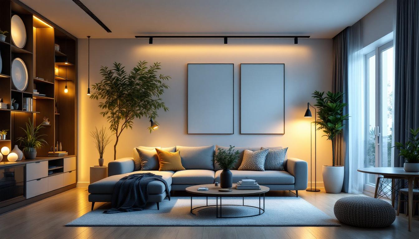 A photograph of a well-lit modern living space featuring various led light fixtures in use