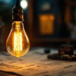 A photograph of an antique light bulb elegantly illuminated in a cozy
