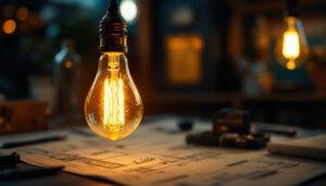 A photograph of an antique light bulb elegantly illuminated in a cozy