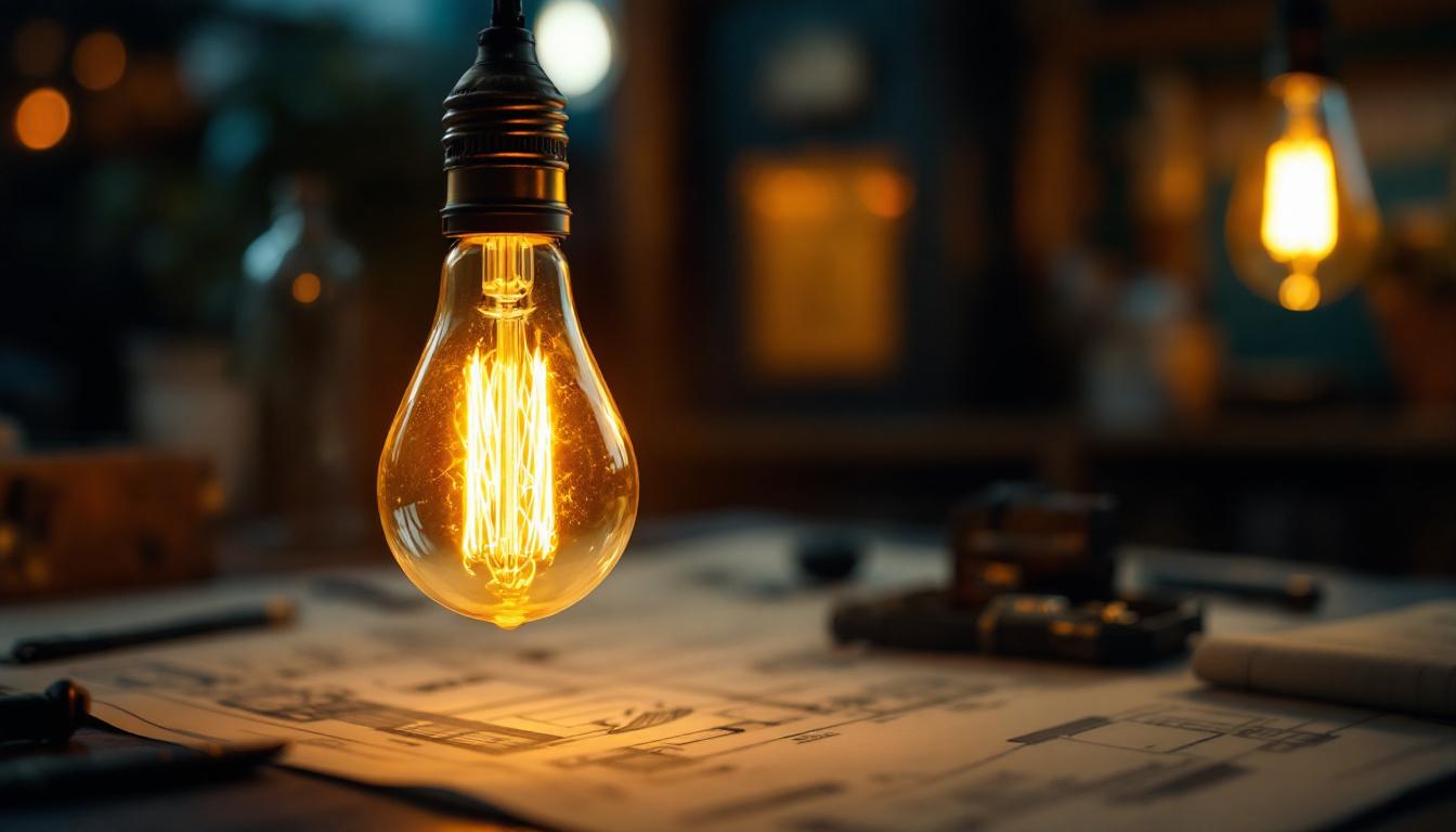 A photograph of an antique light bulb elegantly illuminated in a cozy