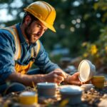 A photograph of a skilled lighting contractor examining various outdoor round junction boxes in a well-lit