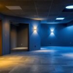 A photograph of a well-lit unfinished basement featuring various ceiling light options installed