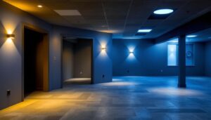A photograph of a well-lit unfinished basement featuring various ceiling light options installed