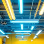 A photograph of a well-lit interior space showcasing various fluorescent lighting fixtures in use