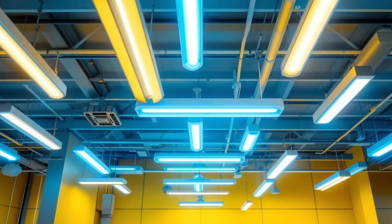 A photograph of a well-lit interior space showcasing various fluorescent lighting fixtures in use