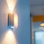 A photograph of a wall-mounted occupancy sensor installed in a modern interior setting