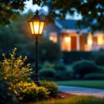 A photograph of a beautifully illuminated front lawn lamp post at dusk