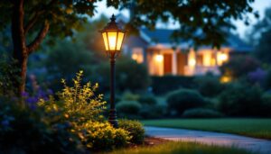 A photograph of a beautifully illuminated front lawn lamp post at dusk
