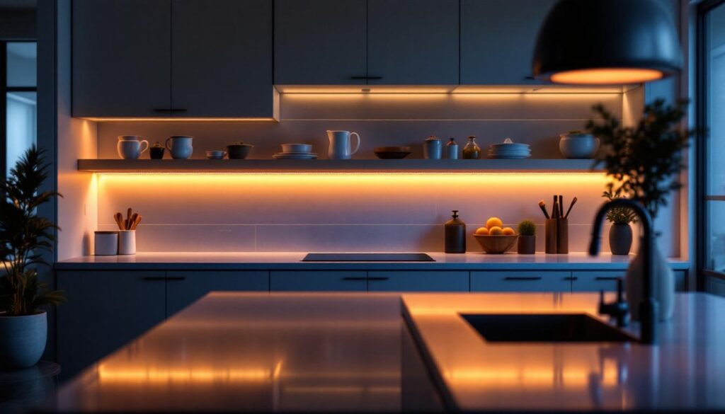 A photograph of a beautifully designed kitchen featuring under counter lighting that highlights the workspace