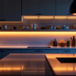A photograph of a beautifully designed kitchen featuring under counter lighting that highlights the workspace