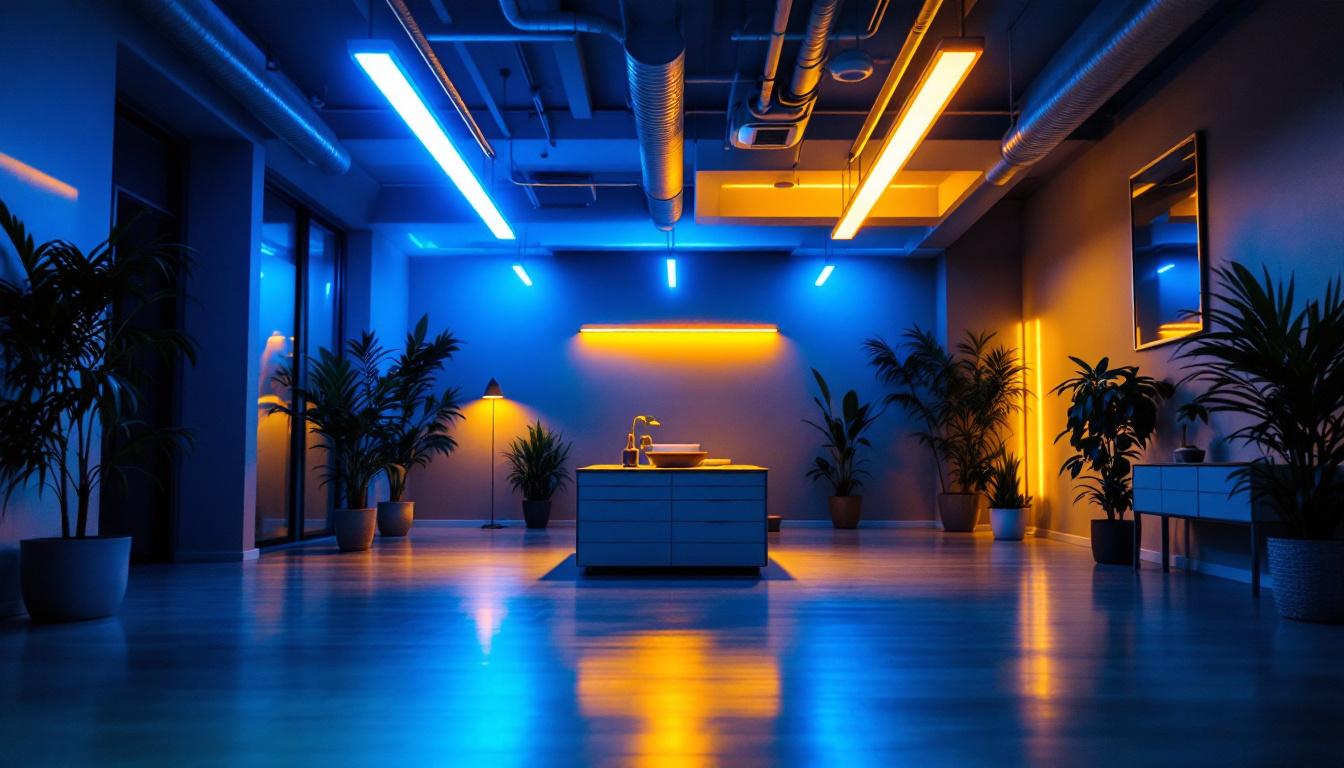 A photograph of a modern indoor space illuminated by vibrant fluorescent led lights