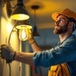 A photograph of a lighting contractor skillfully installing or adjusting various types of lighting fixtures in a residential or commercial setting