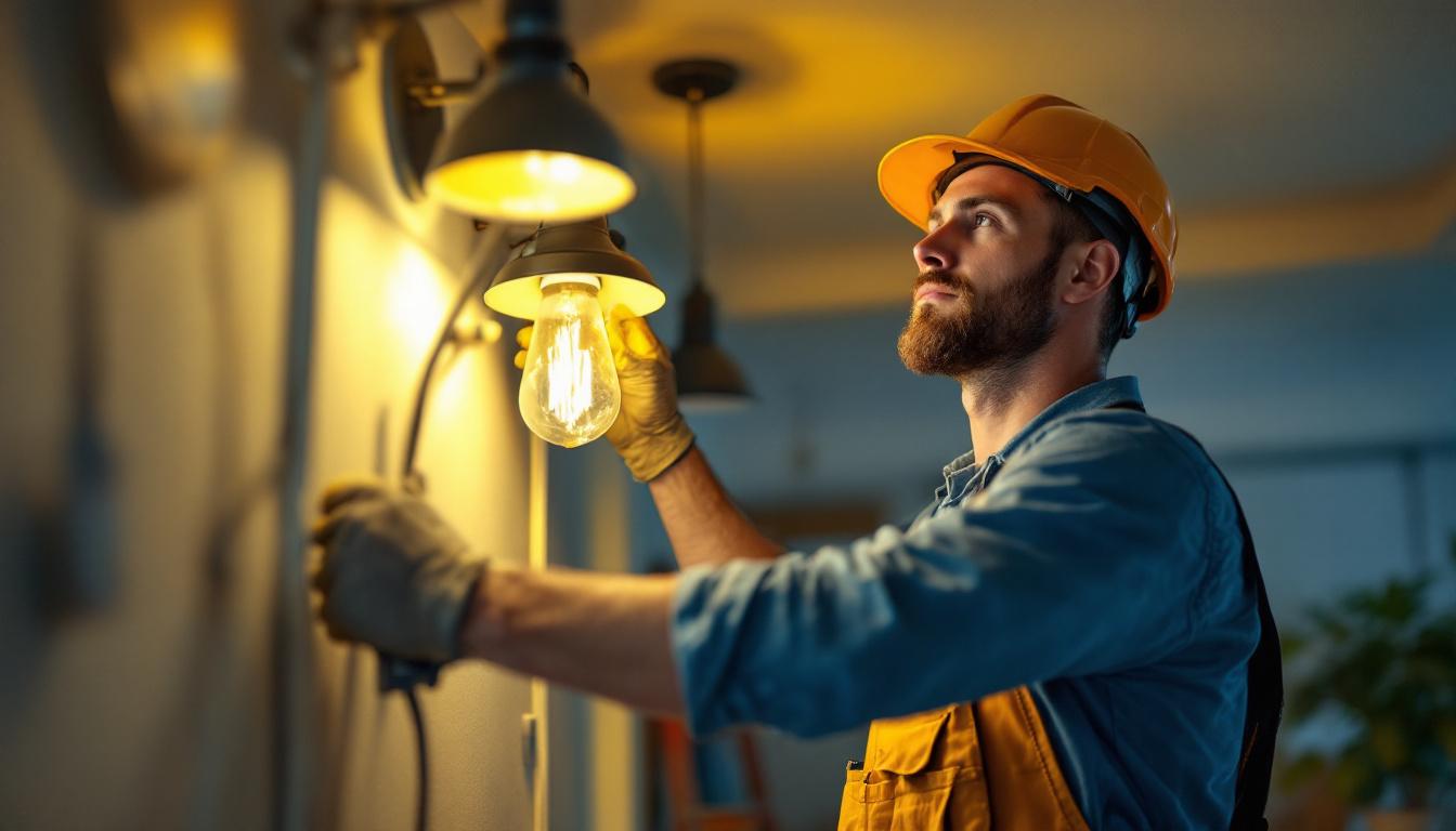 A photograph of a lighting contractor skillfully installing or adjusting various types of lighting fixtures in a residential or commercial setting