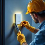 A photograph of a lighting contractor installing or adjusting a wall switch plate cover in a well-lit