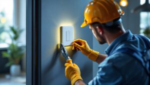 A photograph of a lighting contractor installing or adjusting a wall switch plate cover in a well-lit