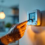 A photograph of a lighting contractor installing a modern light timer on a wall switch in a residential setting
