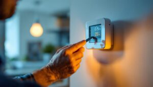A photograph of a lighting contractor installing a modern light timer on a wall switch in a residential setting