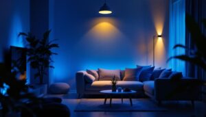 A photograph of a well-lit living space featuring stylish timer lights in action