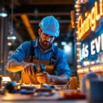 A photograph of a lighting contractor in action