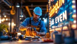 A photograph of a lighting contractor in action