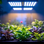 A photograph of a well-lit indoor gardening setup featuring various shop grow lights in action