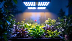 A photograph of a well-lit indoor gardening setup featuring various shop grow lights in action