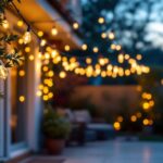 A photograph of a beautifully illuminated outdoor space featuring white string lights draped elegantly across a patio or garden